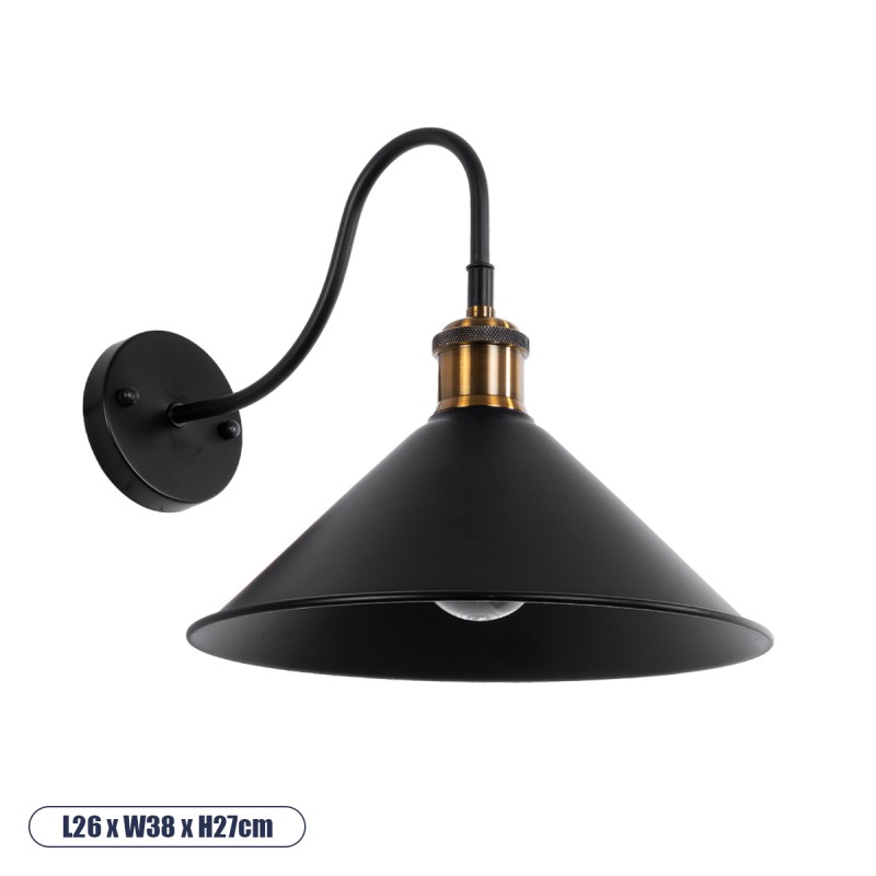 GloboStar® ANBET 01121 Vintage Φωτιστικό Τοίχου - Απλίκα Μονόφωτο 1 x E27 AC 220-240V IP20 - Μ26 x Π38 x Υ27cm - Μαύρο Μεταλλικό με Καπέλο
