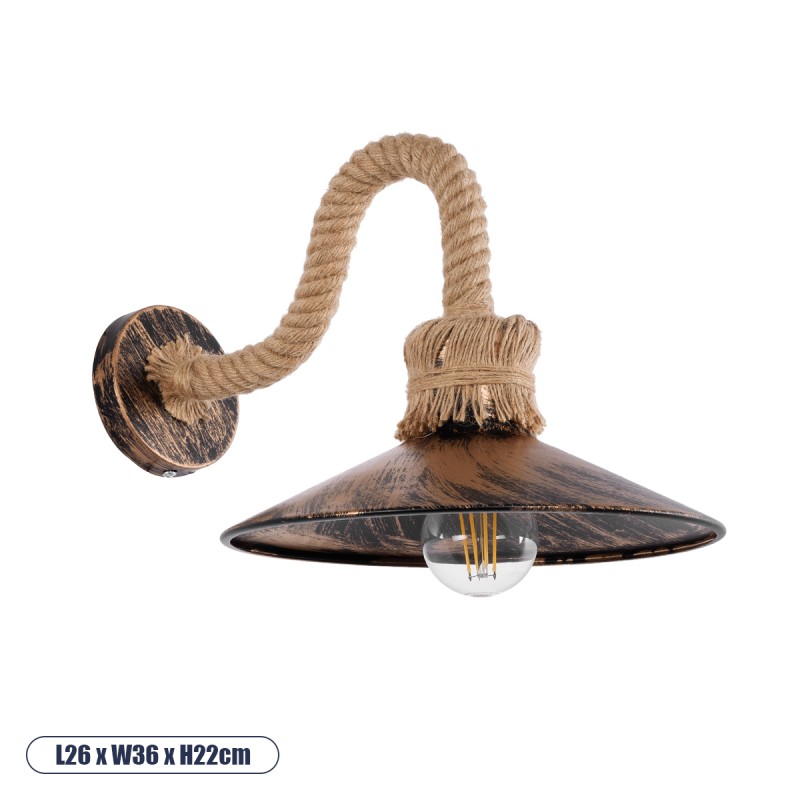 GloboStar® ROBLY 01125 Vintage Φωτιστικό Τοίχου - Απλίκα Μονόφωτο 1 x E27 AC 220-240V IP20 - Μ26 x Π36 x Υ22cm - Μπρούτζινο Σκουριά Μεταλλικό με Καπέλο και με Μπεζ Σχοινί