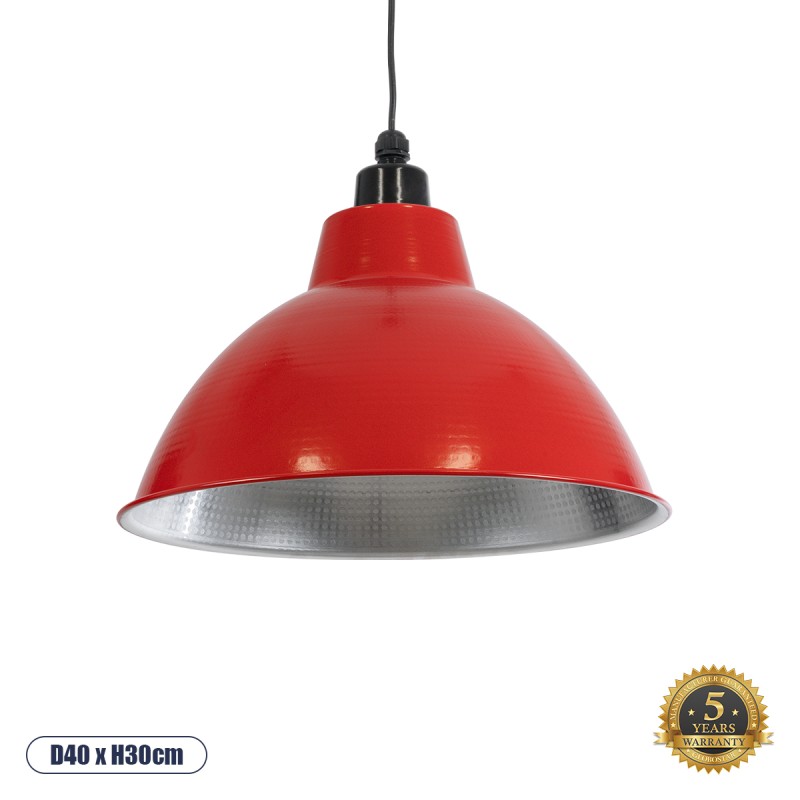 GloboStar® LOUVE 01177 Vintage Industrial Κρεμαστό Φωτιστικό Οροφής Μονόφωτο 1 x E27 AC220-240V IP20 - Φ40 x Y30cm - Κόκκινο με Ασημί Μεταλλικό Καμπάνα
