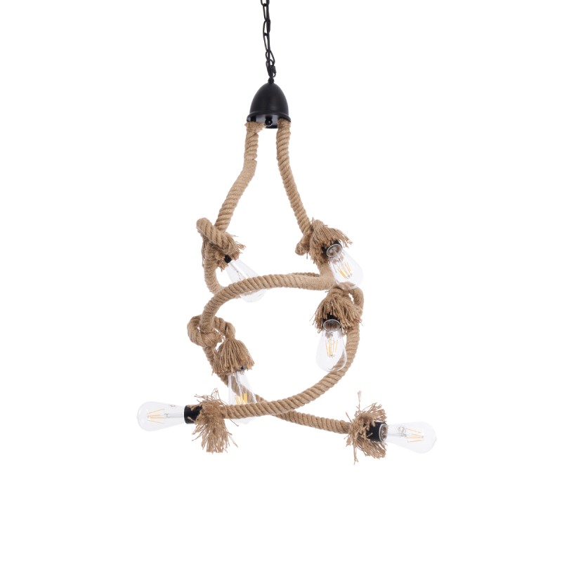 GloboStar® HAMTINE 01229 Vintage Κρεμαστό Φωτιστικό Οροφής Πολύφωτο 6 x E27 AC220-240V IP20 - Φ40 x Y92cm - Μαύρο Μεταλλικό με Μπεζ Σχοινί