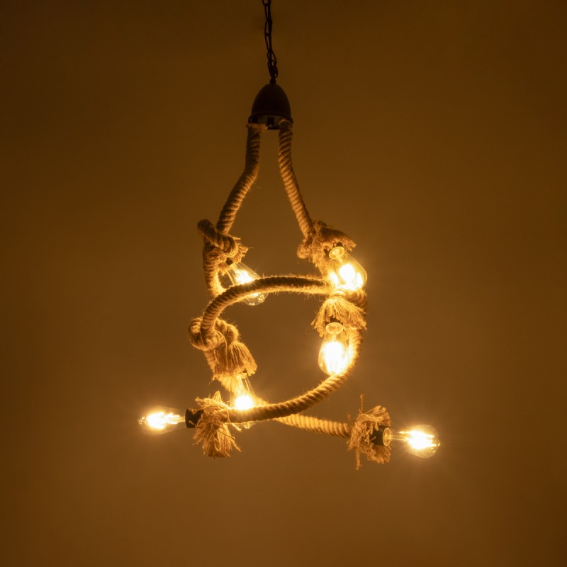 GloboStar® HAMTINE 01229 Vintage Κρεμαστό Φωτιστικό Οροφής Πολύφωτο 6 x E27 AC220-240V IP20 - Φ40 x Y92cm - Μαύρο Μεταλλικό με Μπεζ Σχοινί