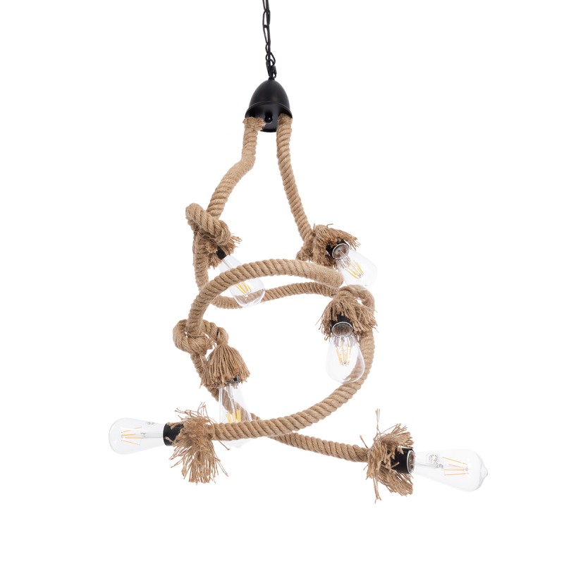 GloboStar® HAMTINE 01229 Vintage Κρεμαστό Φωτιστικό Οροφής Πολύφωτο 6 x E27 AC220-240V IP20 - Φ40 x Y92cm - Μαύρο Μεταλλικό με Μπεζ Σχοινί