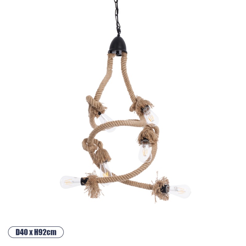 GloboStar® HAMTINE 01229 Vintage Κρεμαστό Φωτιστικό Οροφής Πολύφωτο 6 x E27 AC220-240V IP20 - Φ40 x Y92cm - Μαύρο Μεταλλικό με Μπεζ Σχοινί