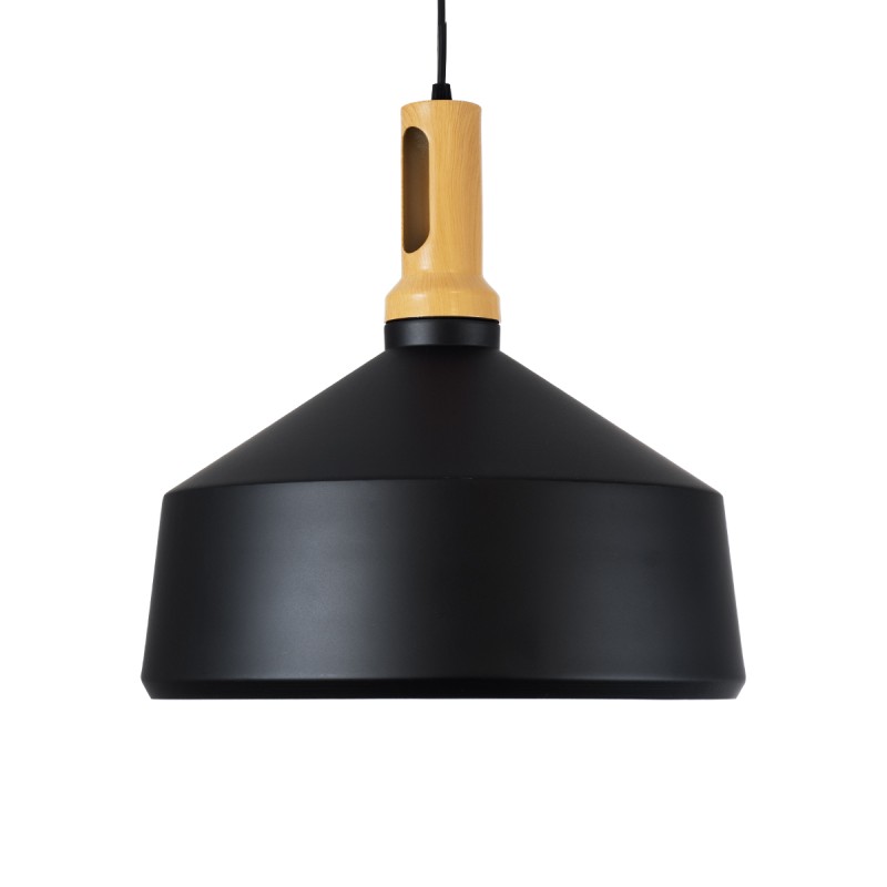 GloboStar® CALYPSO 01334-B Μοντέρνο Κρεμαστό Φωτιστικό Οροφής Μονόφωτο 1 x E27 Μαύρο - Χρυσό Μεταλλικό με Ξύλινη Βάση Καμπάνα Φ36 x Υ35cm