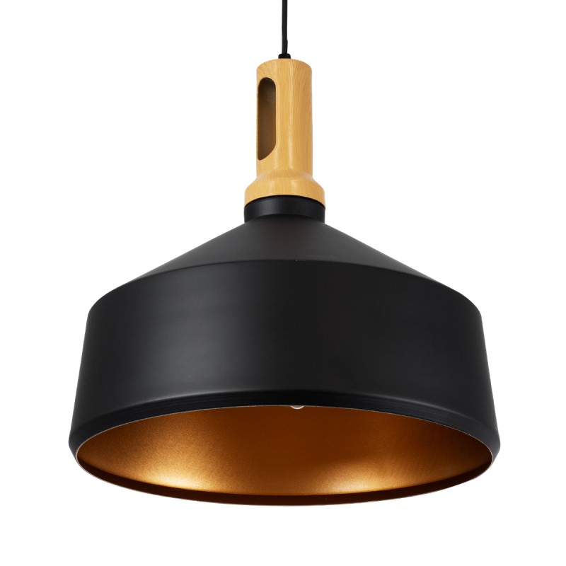 GloboStar® CALYPSO 01334-B Μοντέρνο Κρεμαστό Φωτιστικό Οροφής Μονόφωτο 1 x E27 Μαύρο - Χρυσό Μεταλλικό με Ξύλινη Βάση Καμπάνα Φ36 x Υ35cm