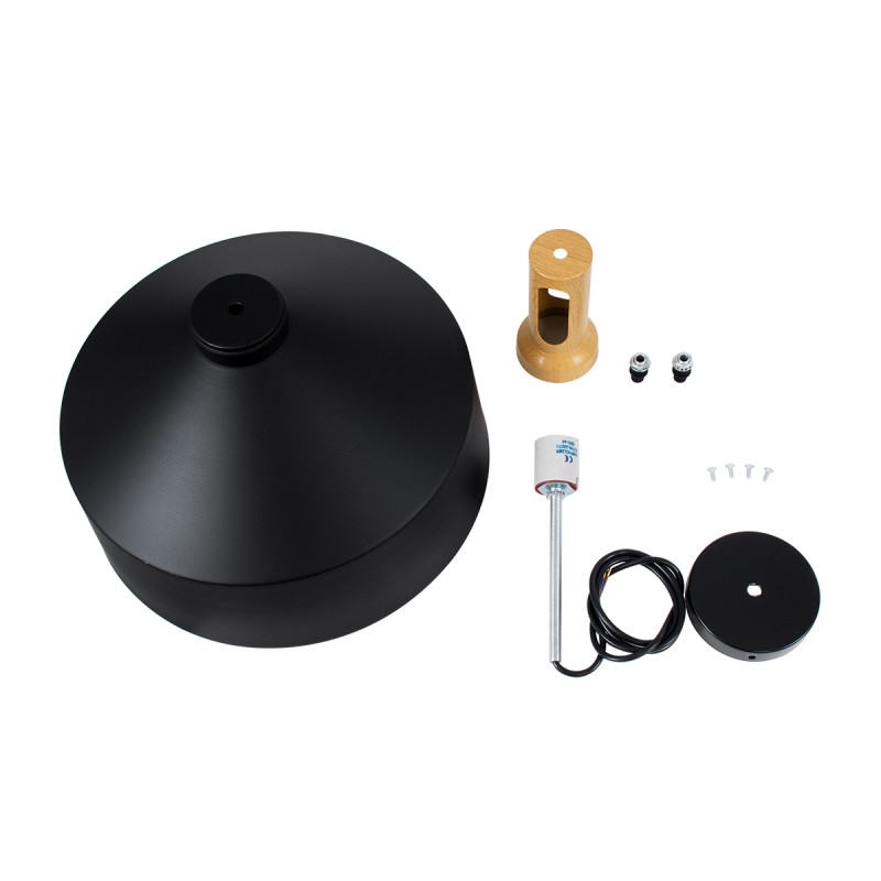 GloboStar® CALYPSO 01334-B Μοντέρνο Κρεμαστό Φωτιστικό Οροφής Μονόφωτο 1 x E27 Μαύρο - Χρυσό Μεταλλικό με Ξύλινη Βάση Καμπάνα Φ36 x Υ35cm