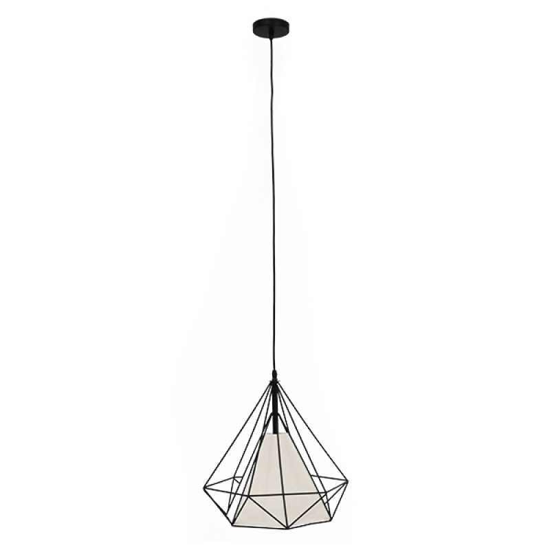 GloboStar® KAIRI 01618 Μοντέρνο Industrial Κρεμαστό Φωτιστικό Οροφής Μονόφωτο 1 x E27 Μαύρο με Άσπρο Ύφασμα Μεταλλικό Πλέγμα Φ38 x Υ39cm