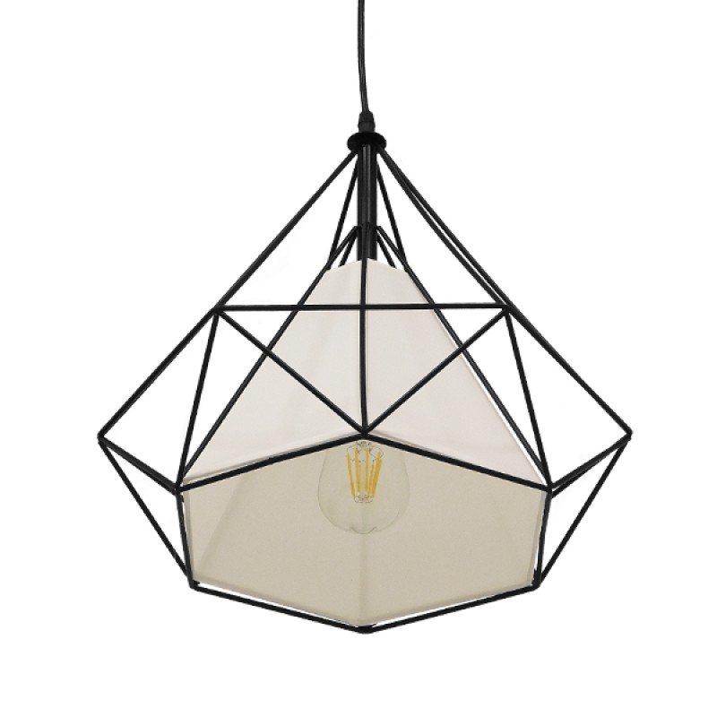 GloboStar® KAIRI 01618 Μοντέρνο Industrial Κρεμαστό Φωτιστικό Οροφής Μονόφωτο 1 x E27 Μαύρο με Άσπρο Ύφασμα Μεταλλικό Πλέγμα Φ38 x Υ39cm