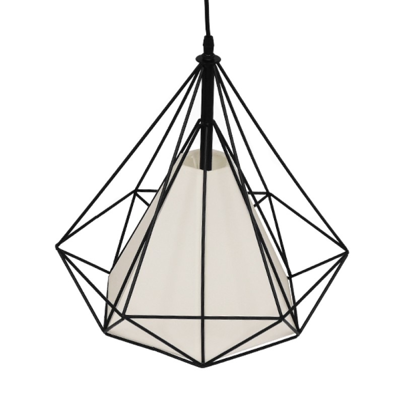 GloboStar® KAIRI 01618 Μοντέρνο Industrial Κρεμαστό Φωτιστικό Οροφής Μονόφωτο 1 x E27 Μαύρο με Άσπρο Ύφασμα Μεταλλικό Πλέγμα Φ38 x Υ39cm