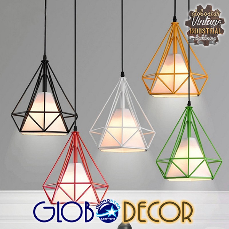 GloboStar® KAIRI 01618 Μοντέρνο Industrial Κρεμαστό Φωτιστικό Οροφής Μονόφωτο 1 x E27 Μαύρο με Άσπρο Ύφασμα Μεταλλικό Πλέγμα Φ38 x Υ39cm