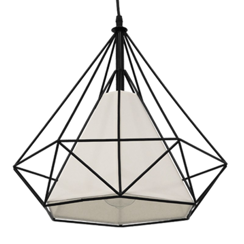 GloboStar® KAIRI 01618 Μοντέρνο Industrial Κρεμαστό Φωτιστικό Οροφής Μονόφωτο 1 x E27 Μαύρο με Άσπρο Ύφασμα Μεταλλικό Πλέγμα Φ38 x Υ39cm
