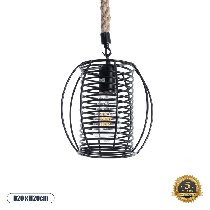 GloboStar® ORVAL 01689 Μοντέρνο Κρεμαστό Φωτιστικό Οροφής Μονόφωτο 1 x E27 AC220-240V IP20 - Φ20 x Υ20cm - Μαύρο Μεταλλικό με Μπεζ Σχοινί Πλέγμα