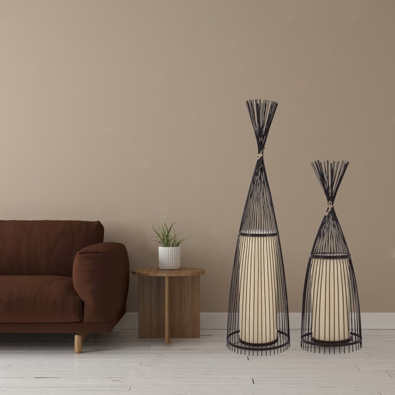 GloboStar® AZORES 01754 Boho Μοντέρνο Φωτιστικό Δαπέδου Μονόφωτο 1 x E27 Καφέ Μπαμπού Πλέγμα D30 x H90cm