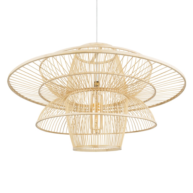 GloboStar® BALI 01758 Boho Κρεμαστό Φωτιστικό Οροφής Μονόφωτο 1 x E27 Μπεζ Ξύλινο Μπαμπού Πλέγμα Φ100 x Y60cm