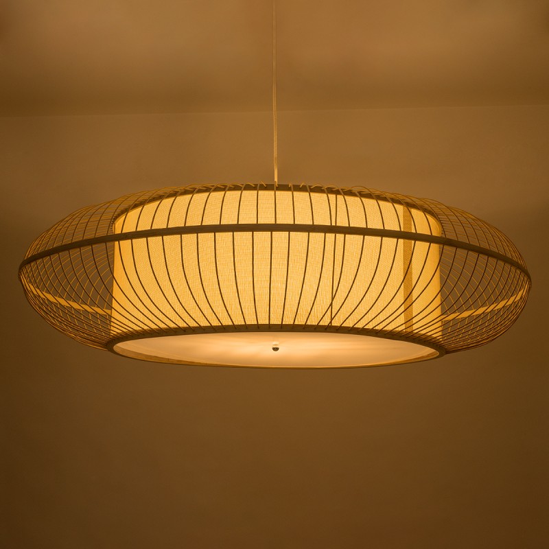 GloboStar® HIBISCUS 01782 Boho Κρεμαστό Φωτιστικό Οροφής Τρίφωτο 3 x E27 Καφέ Μπαμπού Καμπάνα Φ120 x Υ31cm