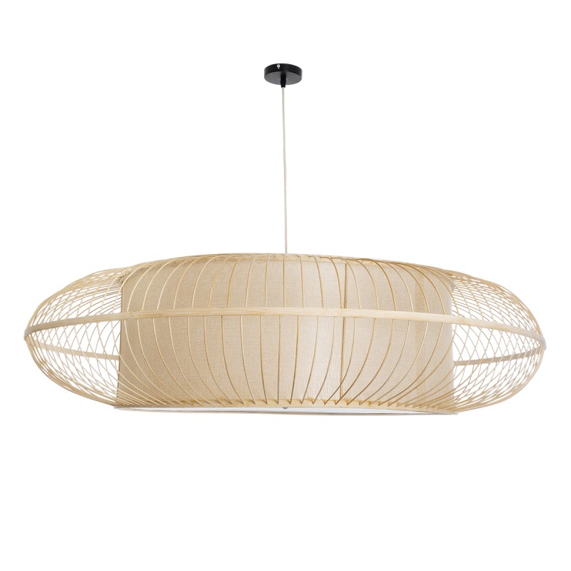 GloboStar® HIBISCUS 01782 Boho Κρεμαστό Φωτιστικό Οροφής Τρίφωτο 3 x E27 Καφέ Μπαμπού Καμπάνα Φ120 x Υ31cm