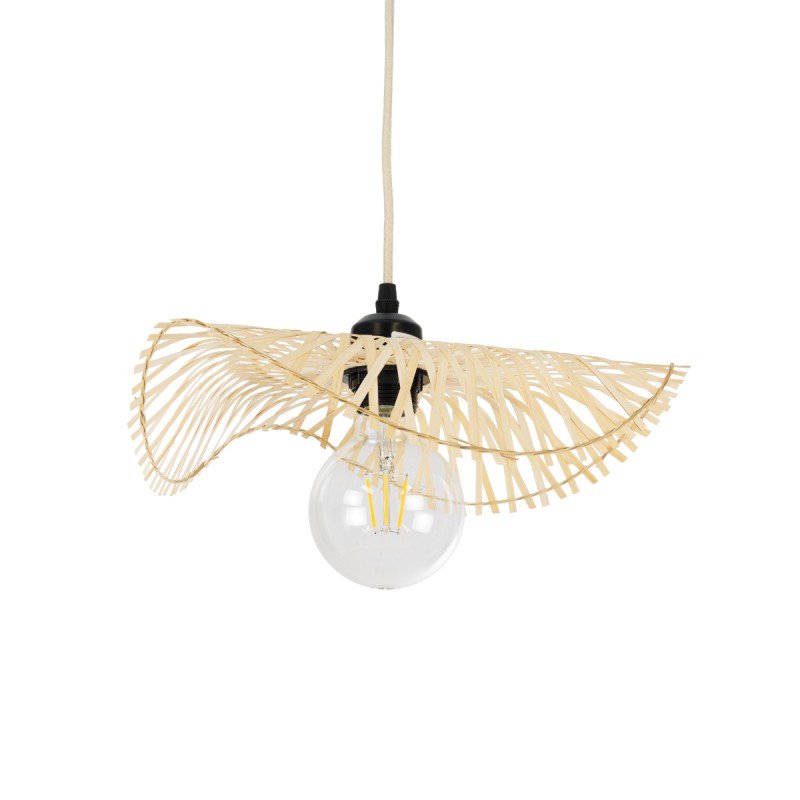 GloboStar® MELEMELE 01839 Boho Κρεμαστό Φωτιστικό Οροφής Μονόφωτο 1 x E27 AC220-240V IP20 - Φ35 x Υ4cm - Μπεζ Ξύλινο Μπαμπού Πλέγμα