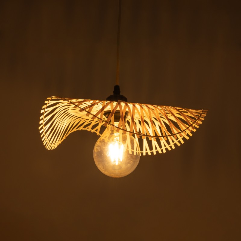 GloboStar® MELEMELE 01839 Boho Κρεμαστό Φωτιστικό Οροφής Μονόφωτο 1 x E27 AC220-240V IP20 - Φ35 x Υ4cm - Μπεζ Ξύλινο Μπαμπού Πλέγμα