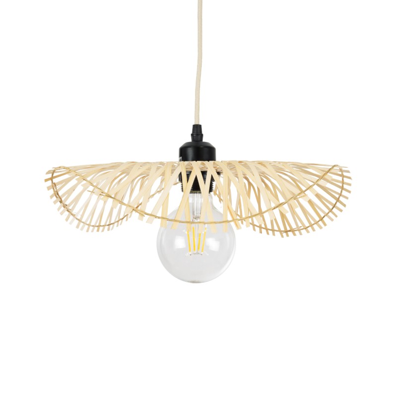 GloboStar® MELEMELE 01839 Boho Κρεμαστό Φωτιστικό Οροφής Μονόφωτο 1 x E27 AC220-240V IP20 - Φ35 x Υ4cm - Μπεζ Ξύλινο Μπαμπού Πλέγμα