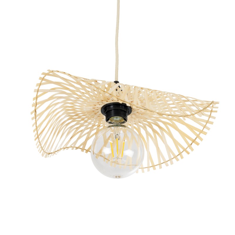 GloboStar® MELEMELE 01839 Boho Κρεμαστό Φωτιστικό Οροφής Μονόφωτο 1 x E27 AC220-240V IP20 - Φ35 x Υ4cm - Μπεζ Ξύλινο Μπαμπού Πλέγμα