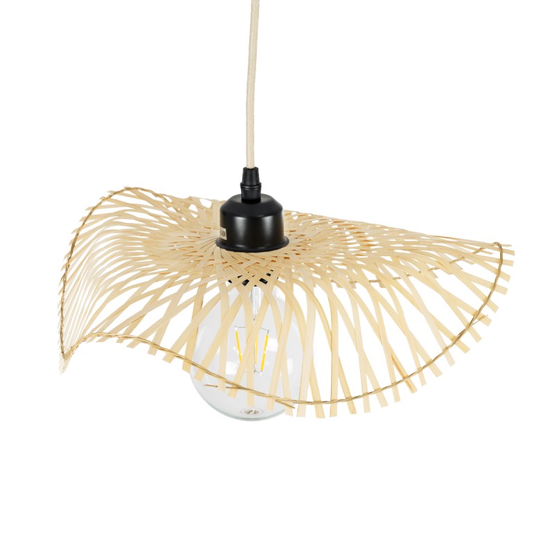 GloboStar® MELEMELE 01839 Boho Κρεμαστό Φωτιστικό Οροφής Μονόφωτο 1 x E27 AC220-240V IP20 - Φ35 x Υ4cm - Μπεζ Ξύλινο Μπαμπού Πλέγμα