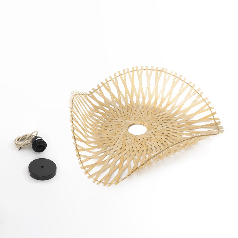 GloboStar® MELEMELE 01839 Boho Κρεμαστό Φωτιστικό Οροφής Μονόφωτο 1 x E27 AC220-240V IP20 - Φ35 x Υ4cm - Μπεζ Ξύλινο Μπαμπού Πλέγμα