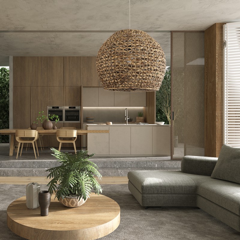 GloboStar® MANGATA 01851 Boho Κρεμαστό Φωτιστικό Οροφής Μονόφωτο 1 x E27 AC220-240V IP20 - Φ60 x Υ50cm - Καφέ Water Hyacinth - Υδρουάκινθος Πλέγμα Καμπάνα