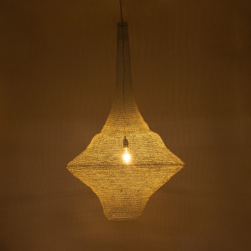 GloboStar® KENTUCKY 01877 Vintage Κρεμαστό Φωτιστικό Οροφής Μονόφωτο 1 x E27 AC220-240V IP20 - Φ80 x Υ140cm - Μπεζ Εκρού Μεταλλικό Πλέγμα