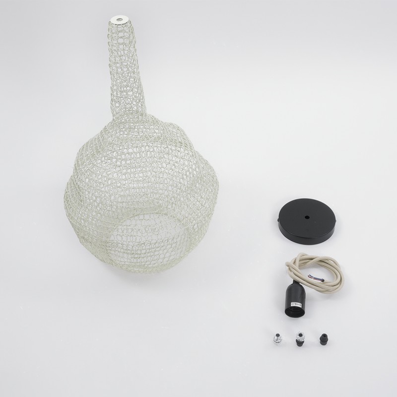 GloboStar® KENTUCKY 01880 Vintage Κρεμαστό Φωτιστικό Οροφής Μονόφωτο 1 x E27 AC220-240V IP20 - Φ30 x Υ50cm - Μπεζ Εκρού Μεταλλικό Πλέγμα