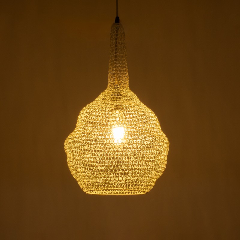 GloboStar® KENTUCKY 01880 Vintage Κρεμαστό Φωτιστικό Οροφής Μονόφωτο 1 x E27 AC220-240V IP20 - Φ30 x Υ50cm - Μπεζ Εκρού Μεταλλικό Πλέγμα