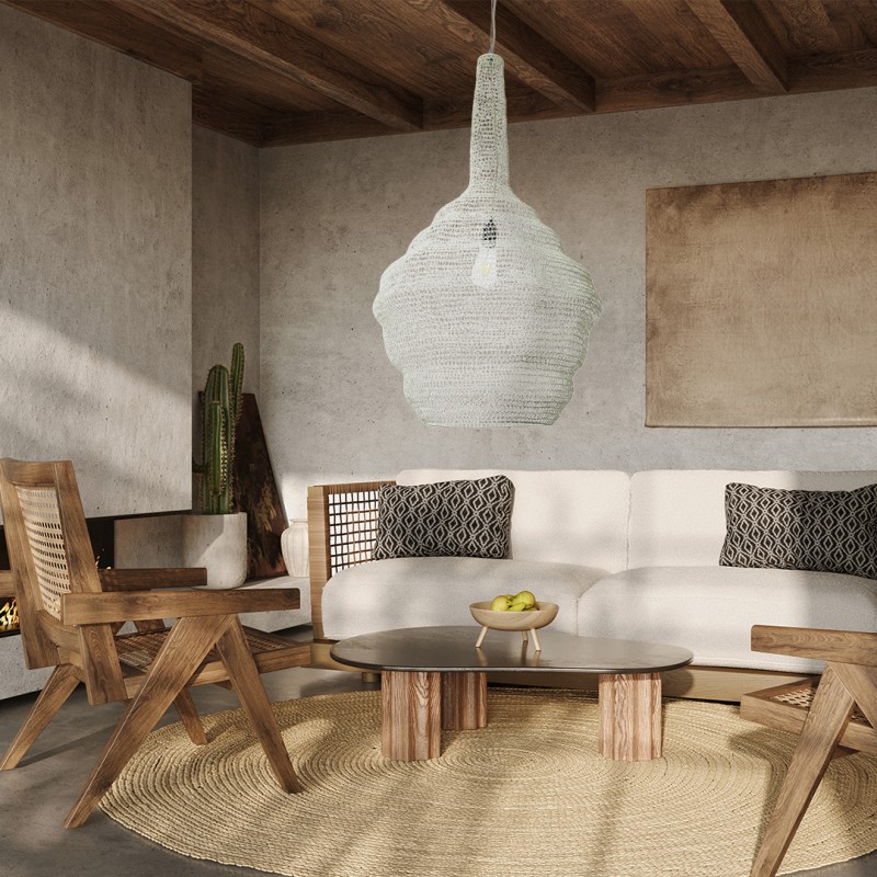 GloboStar® KENTUCKY 01883 Vintage Κρεμαστό Φωτιστικό Οροφής Μονόφωτο 1 x E27 AC220-240V IP20 - Φ60 x Υ90cm - Μπεζ Εκρού Μεταλλικό Πλέγμα