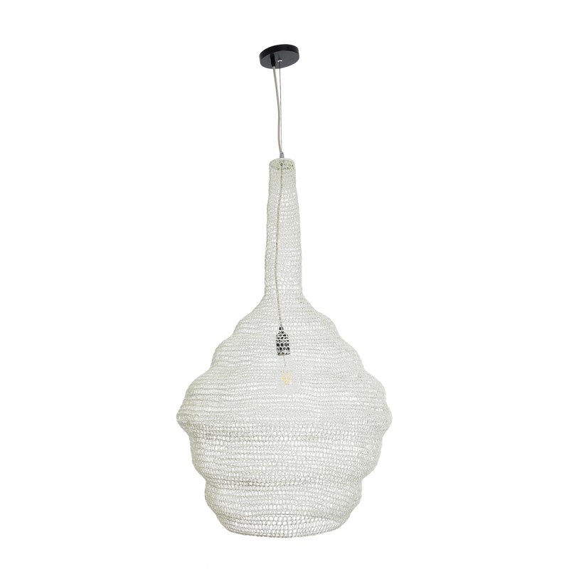 GloboStar® KENTUCKY 01883 Vintage Κρεμαστό Φωτιστικό Οροφής Μονόφωτο 1 x E27 AC220-240V IP20 - Φ60 x Υ90cm - Μπεζ Εκρού Μεταλλικό Πλέγμα