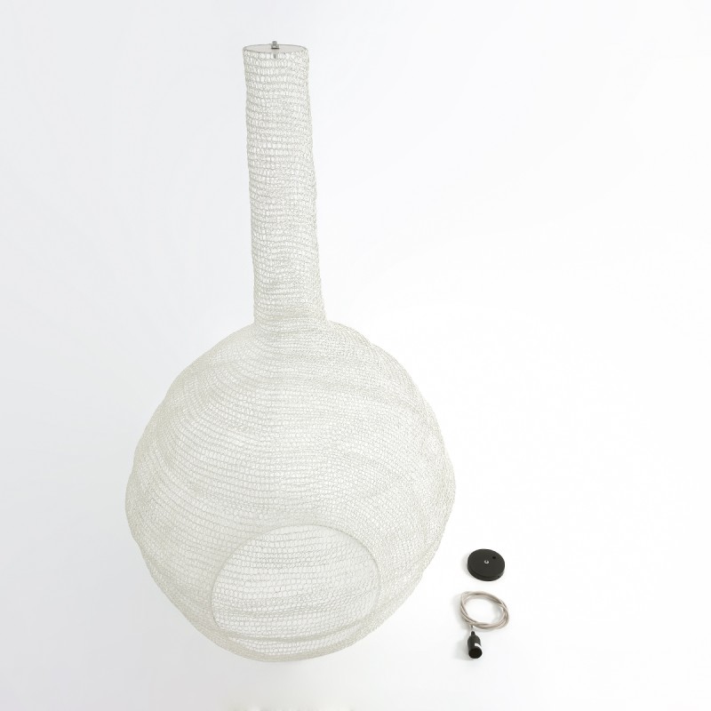 GloboStar® KENTUCKY 01886 Vintage Κρεμαστό Φωτιστικό Οροφής Μονόφωτο 1 x E27 AC220-240V IP20 - Φ90 x Υ110cm - Μπεζ Εκρού Μεταλλικό Πλέγμα