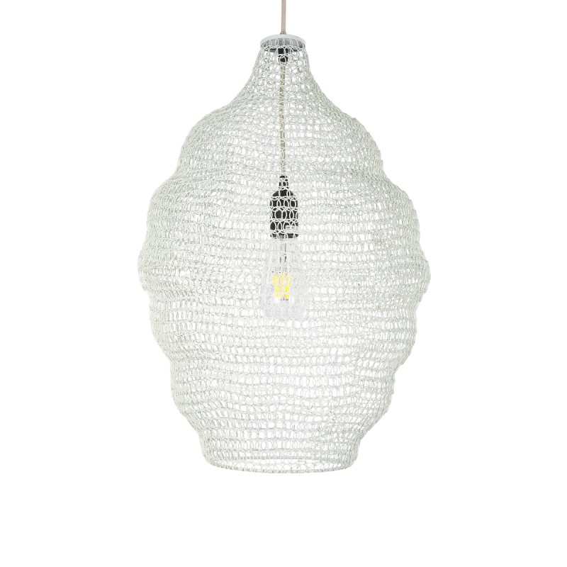 GloboStar® KENTUCKY 01898 Vintage Κρεμαστό Φωτιστικό Οροφής Μονόφωτο 1 x E27 AC220-240V IP20 - Φ40 x Υ60cm - Μπεζ Εκρού Μεταλλικό Πλέγμα