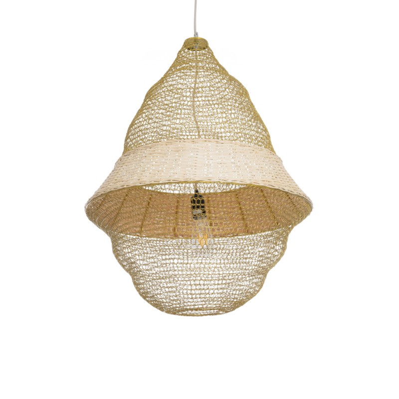 GloboStar® KENTUCKY 01911 Vintage Κρεμαστό Φωτιστικό Οροφής Μονόφωτο 1 x E27 AC220-240V IP20 - Φ60 x Υ80cm - Μπεζ Μεταλλικό με Μπαμπού Πλέγμα