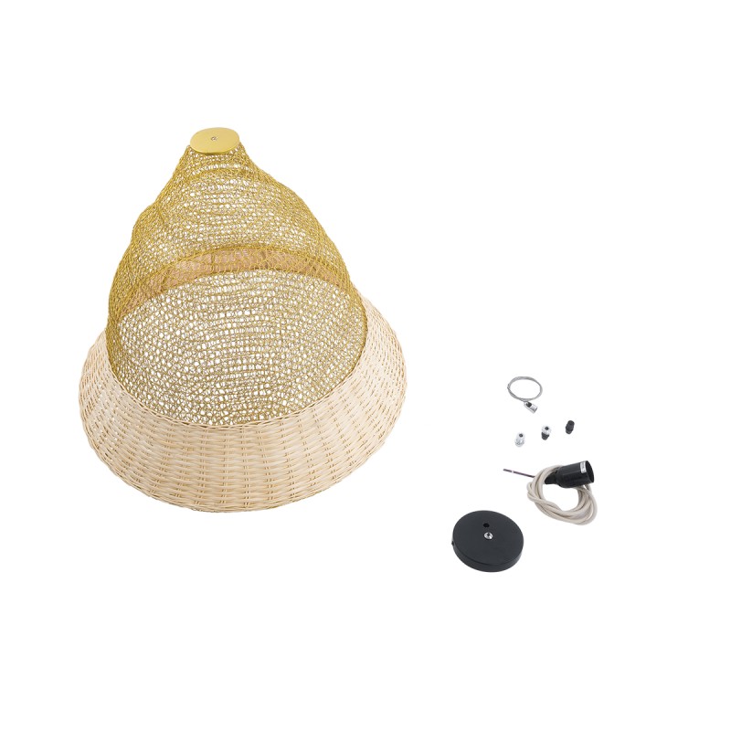 GloboStar® KENTUCKY 01911 Vintage Κρεμαστό Φωτιστικό Οροφής Μονόφωτο 1 x E27 AC220-240V IP20 - Φ60 x Υ80cm - Μπεζ Μεταλλικό με Μπαμπού Πλέγμα