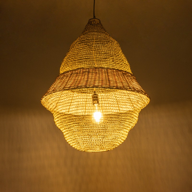 GloboStar® KENTUCKY 01911 Vintage Κρεμαστό Φωτιστικό Οροφής Μονόφωτο 1 x E27 AC220-240V IP20 - Φ60 x Υ80cm - Μπεζ Μεταλλικό με Μπαμπού Πλέγμα