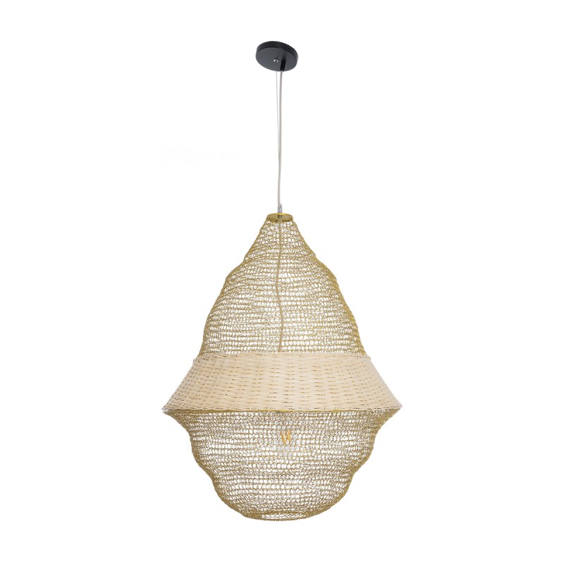 GloboStar® KENTUCKY 01911 Vintage Κρεμαστό Φωτιστικό Οροφής Μονόφωτο 1 x E27 AC220-240V IP20 - Φ60 x Υ80cm - Μπεζ Μεταλλικό με Μπαμπού Πλέγμα