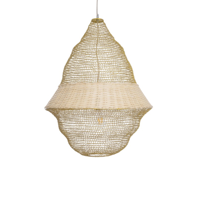 GloboStar® KENTUCKY 01911 Vintage Κρεμαστό Φωτιστικό Οροφής Μονόφωτο 1 x E27 AC220-240V IP20 - Φ60 x Υ80cm - Μπεζ Μεταλλικό με Μπαμπού Πλέγμα