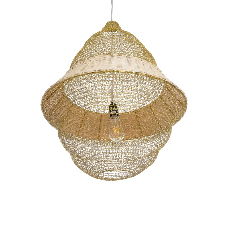 GloboStar® KENTUCKY 01911 Vintage Κρεμαστό Φωτιστικό Οροφής Μονόφωτο 1 x E27 AC220-240V IP20 - Φ60 x Υ80cm - Μπεζ Μεταλλικό με Μπαμπού Πλέγμα