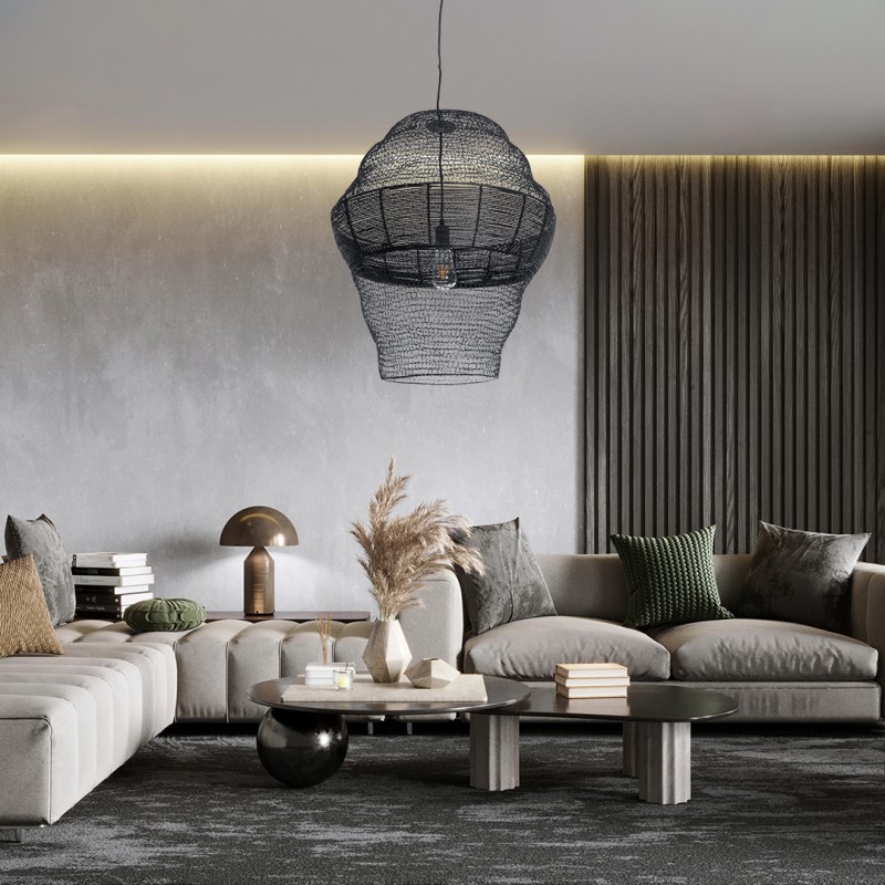 GloboStar® KENTUCKY 01912 Vintage Κρεμαστό Φωτιστικό Οροφής Μονόφωτο 1 x E27 AC220-240V IP20 - Φ60 x Υ70cm - Μαύρο Μεταλλικό με Μπαμπού Πλέγμα