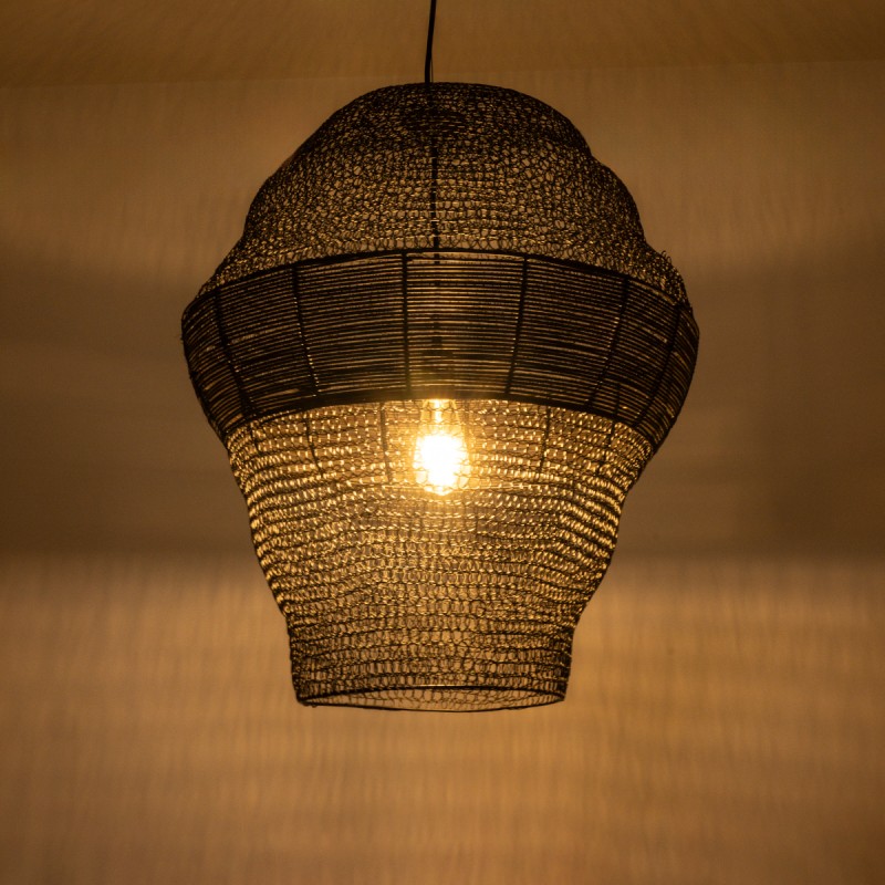 GloboStar® KENTUCKY 01912 Vintage Κρεμαστό Φωτιστικό Οροφής Μονόφωτο 1 x E27 AC220-240V IP20 - Φ60 x Υ70cm - Μαύρο Μεταλλικό με Μπαμπού Πλέγμα
