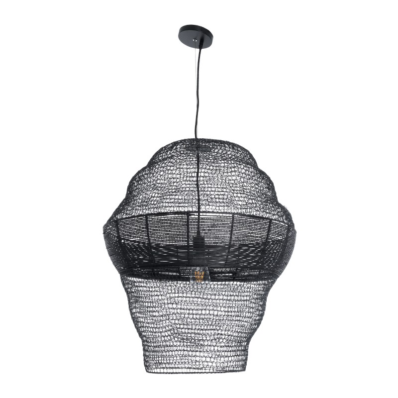 GloboStar® KENTUCKY 01912 Vintage Κρεμαστό Φωτιστικό Οροφής Μονόφωτο 1 x E27 AC220-240V IP20 - Φ60 x Υ70cm - Μαύρο Μεταλλικό με Μπαμπού Πλέγμα