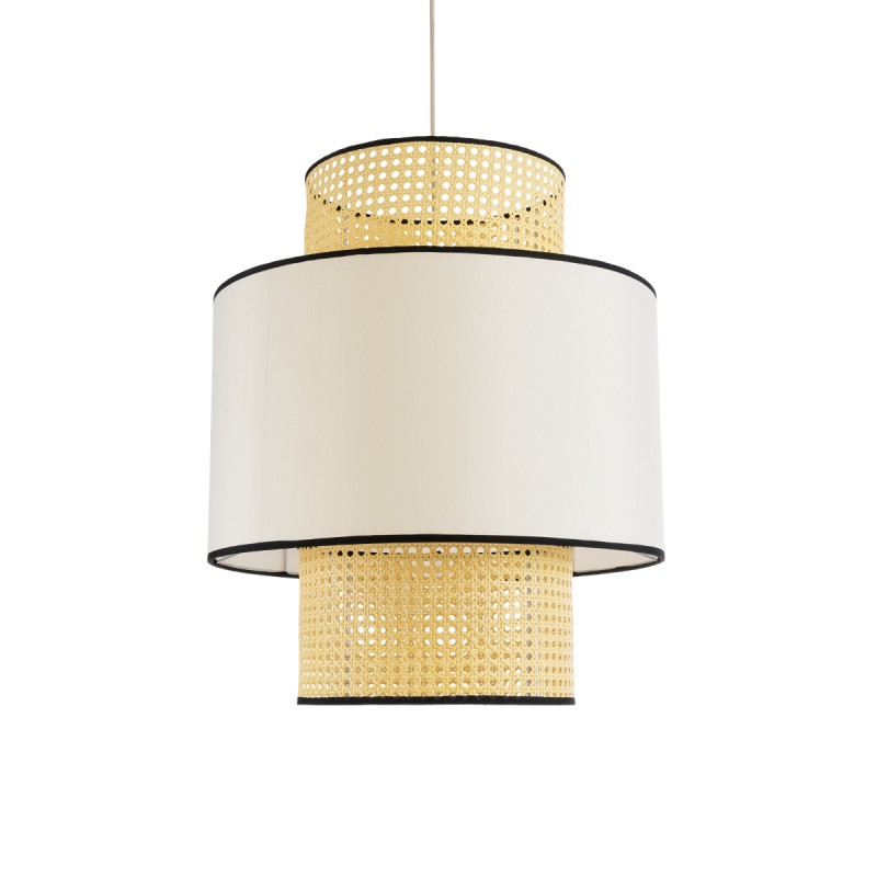 GloboStar® SAIGE 01917 Boho Κρεμαστό Φωτιστικό Οροφής Μονόφωτο 1 x E27 AC220-240V IP20 - Φ50 x Υ60cm - Μπεζ με Λευκό και Μαύρες Λεπτομέρειες Ξύλινο Μπαμπού Πλέγμα