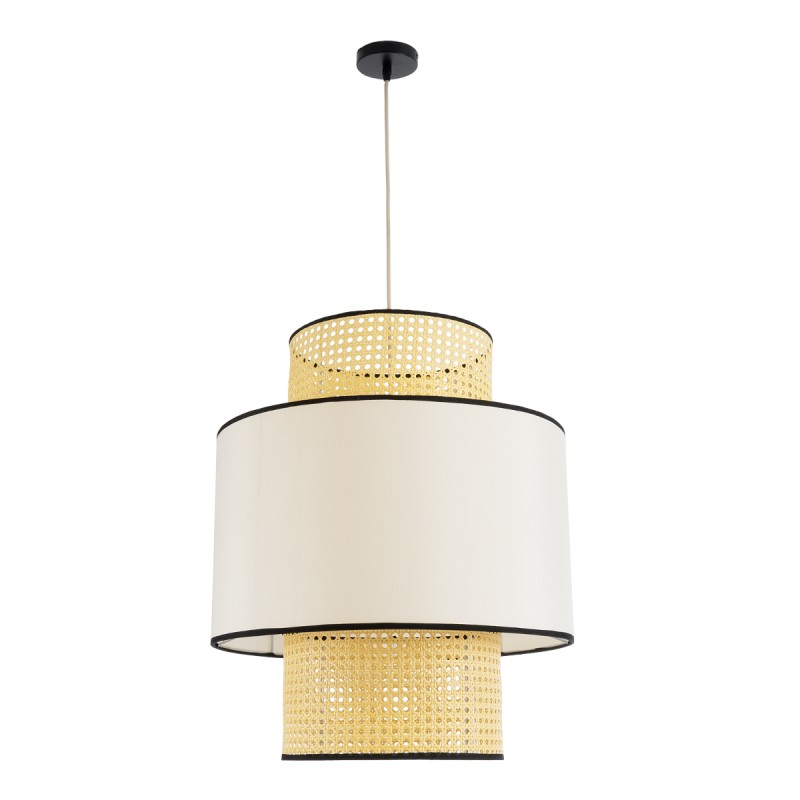 GloboStar® SAIGE 01917 Boho Κρεμαστό Φωτιστικό Οροφής Μονόφωτο 1 x E27 AC220-240V IP20 - Φ50 x Υ60cm - Μπεζ με Λευκό και Μαύρες Λεπτομέρειες Ξύλινο Μπαμπού Πλέγμα