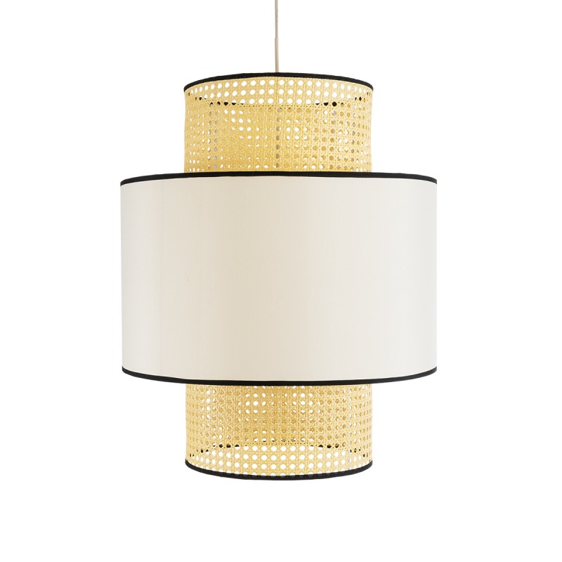 GloboStar® SAIGE 01917 Boho Κρεμαστό Φωτιστικό Οροφής Μονόφωτο 1 x E27 AC220-240V IP20 - Φ50 x Υ60cm - Μπεζ με Λευκό και Μαύρες Λεπτομέρειες Ξύλινο Μπαμπού Πλέγμα