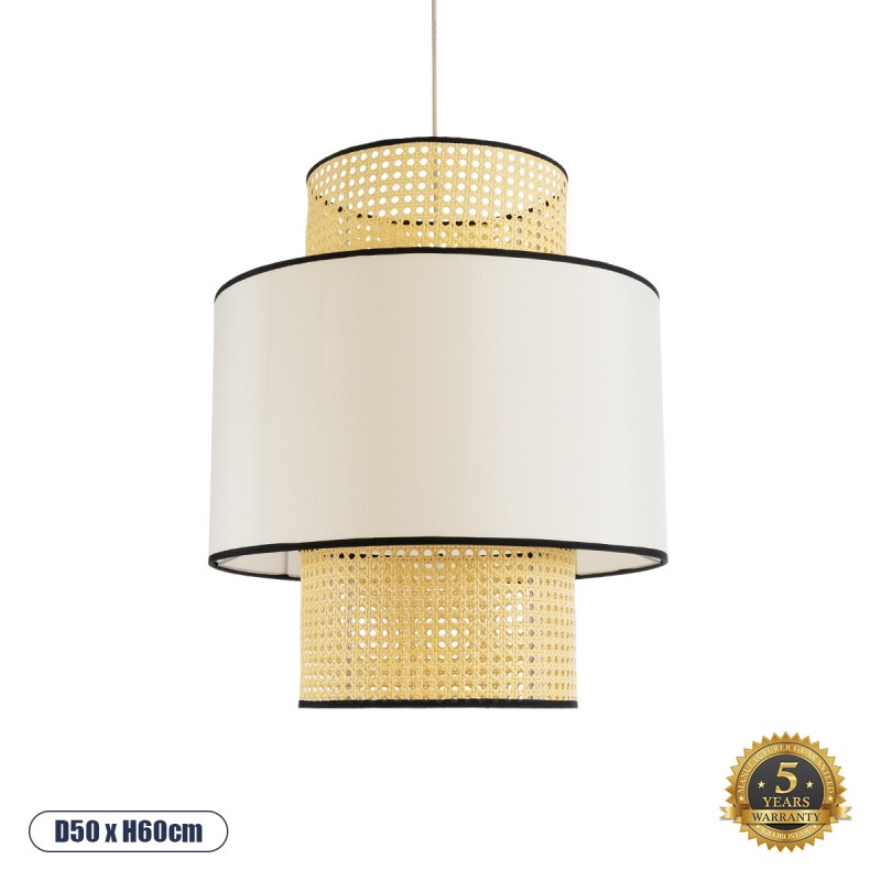GloboStar® SAIGE 01917 Boho Κρεμαστό Φωτιστικό Οροφής Μονόφωτο 1 x E27 AC220-240V IP20 - Φ50 x Υ60cm - Μπεζ με Λευκό και Μαύρες Λεπτομέρειες Ξύλινο Μπαμπού Πλέγμα