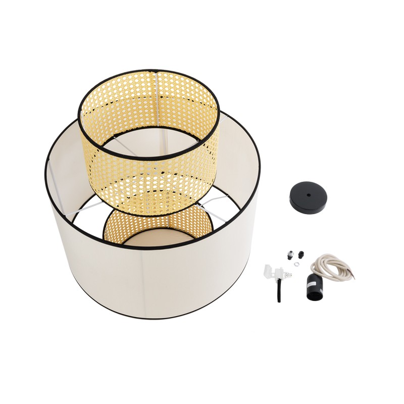 GloboStar® SAIGE 01917 Boho Κρεμαστό Φωτιστικό Οροφής Μονόφωτο 1 x E27 AC220-240V IP20 - Φ50 x Υ60cm - Μπεζ με Λευκό και Μαύρες Λεπτομέρειες Ξύλινο Μπαμπού Πλέγμα