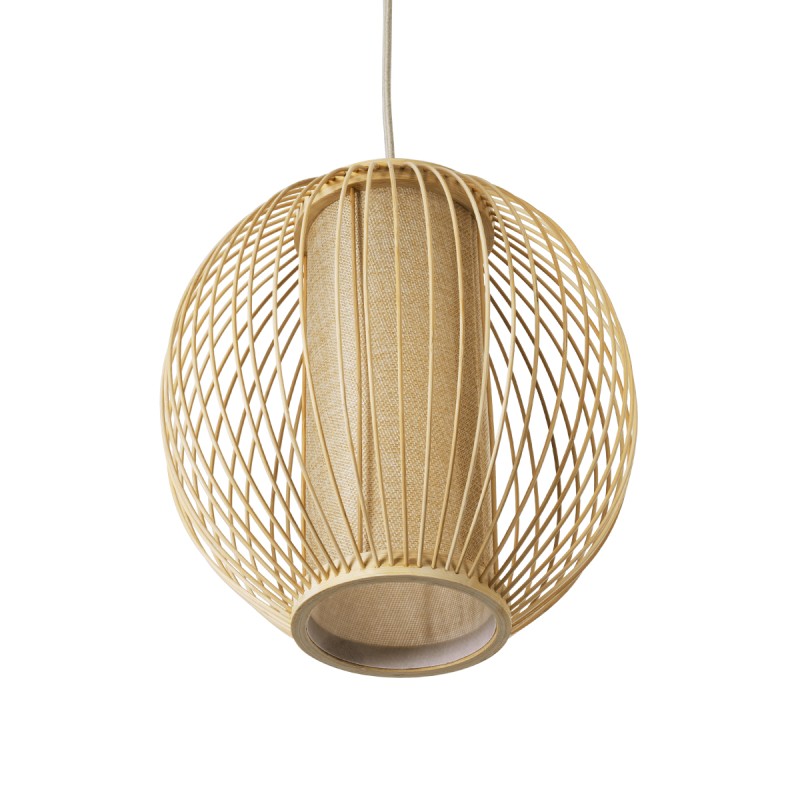 GloboStar® HIBISCUS 01934 Boho Κρεμαστό Φωτιστικό Οροφής Μονόφωτο 1 x E27 AC220-240V IP20 - Φ28 x Υ28cm - Μπεζ Ξύλινο Πλέγμα - 5 Years Warranty