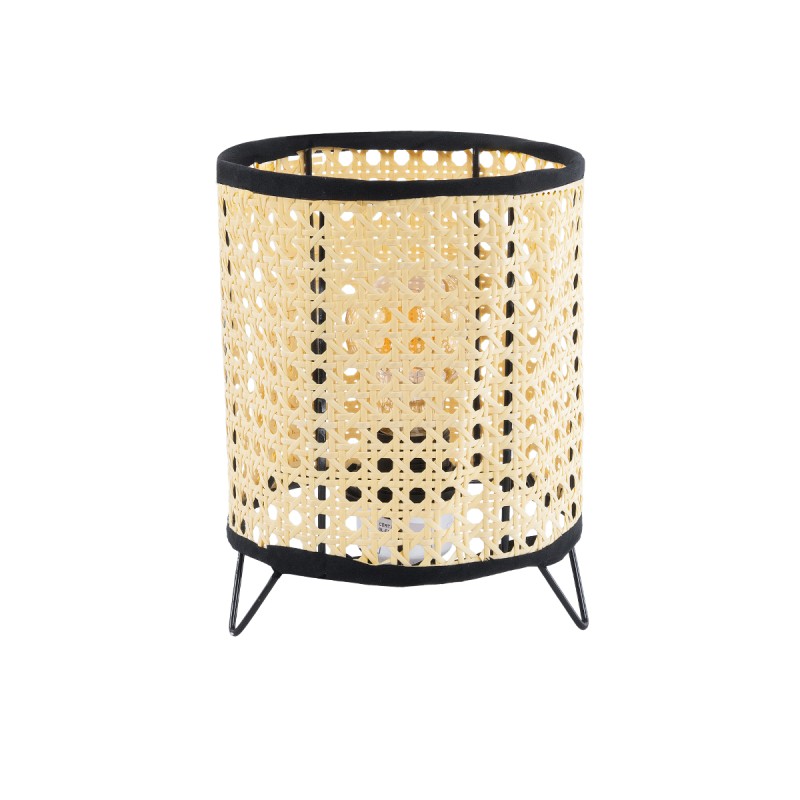 GloboStar® MONTE 01996 Μοντέρνο Επιτραπέζιο Φωτιστικό Πορτατίφ Μονόφωτο 1 x E27 AC220-240V IP20 - Φ16 x Υ22cm - Μαύρο Ύφασμα με Μπεζ Ξύλινο Μπαμπού Πλέγμα